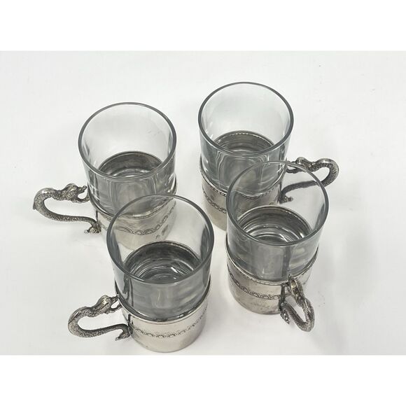 Set Of 4 Vintage Espresso Cordial Glasses Silver Plated Dragon Handles Italy - Picture 4 of 7
